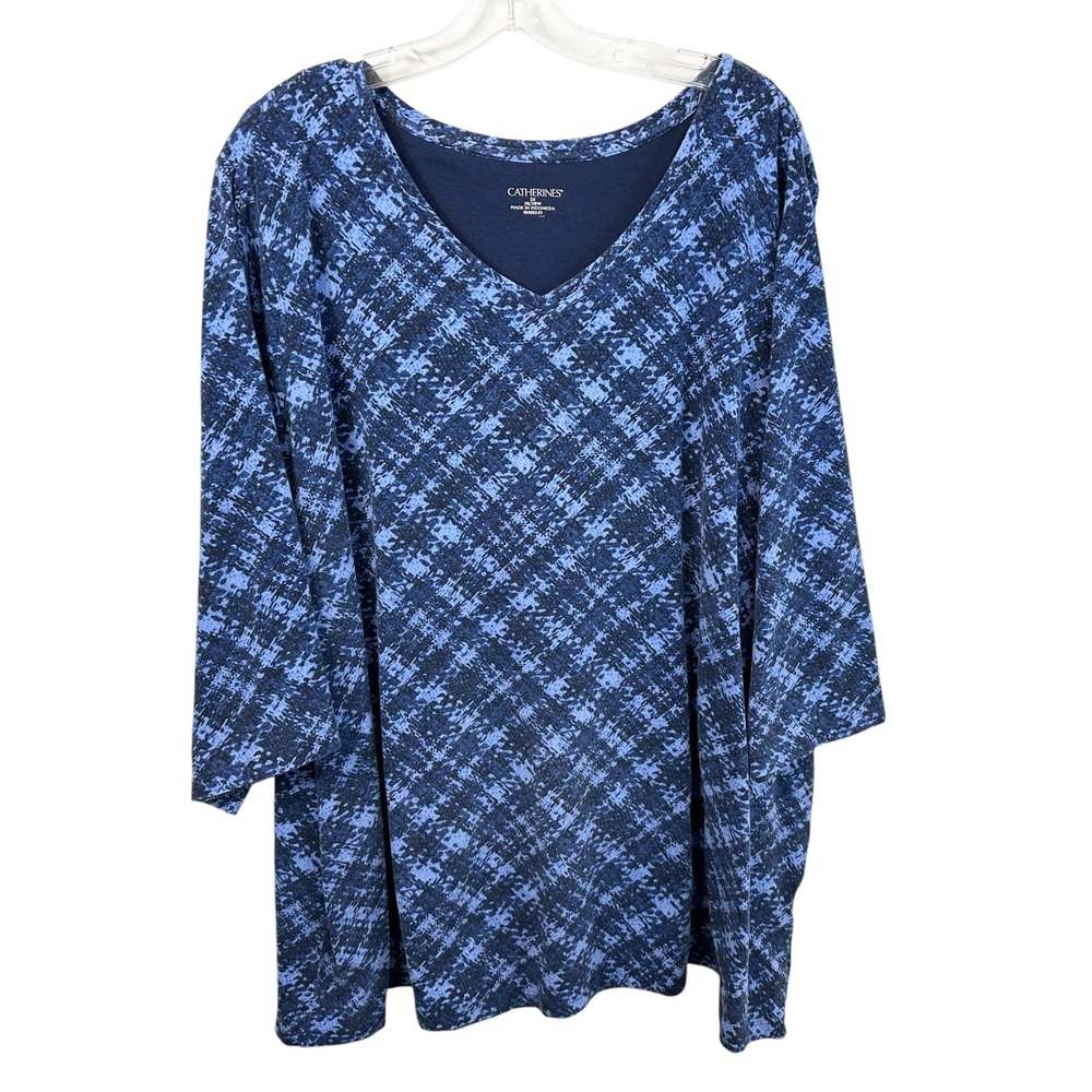 Catherines Plus Size 26/28W Top 3X Blue 3/4 Sleeve Cotton Tunic‎ Office 1035